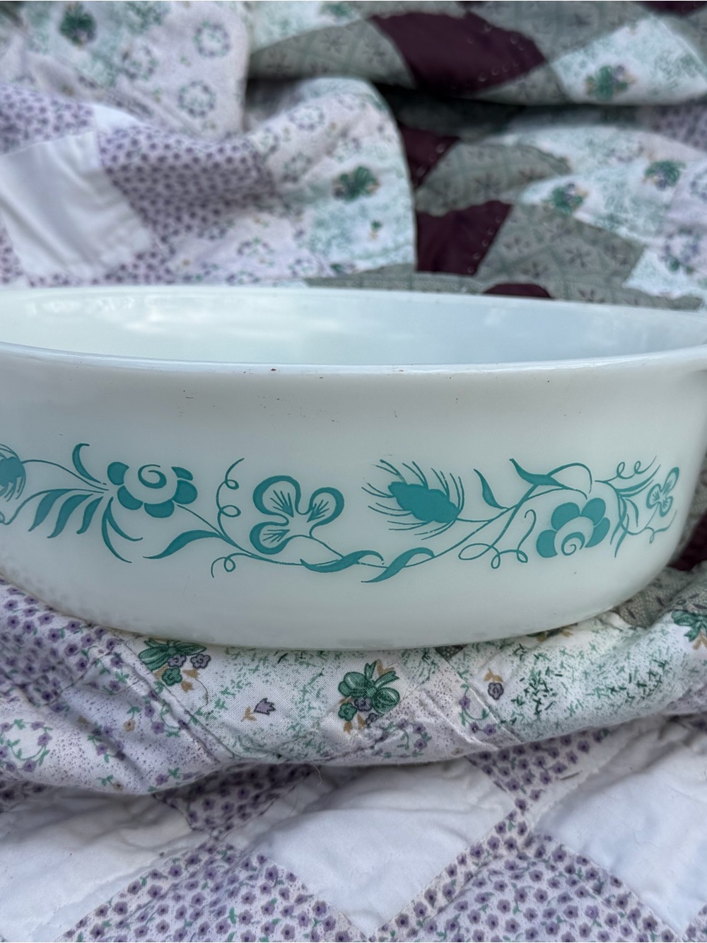 Pyrex White Glass Casserole Dish with Teal Floral Border